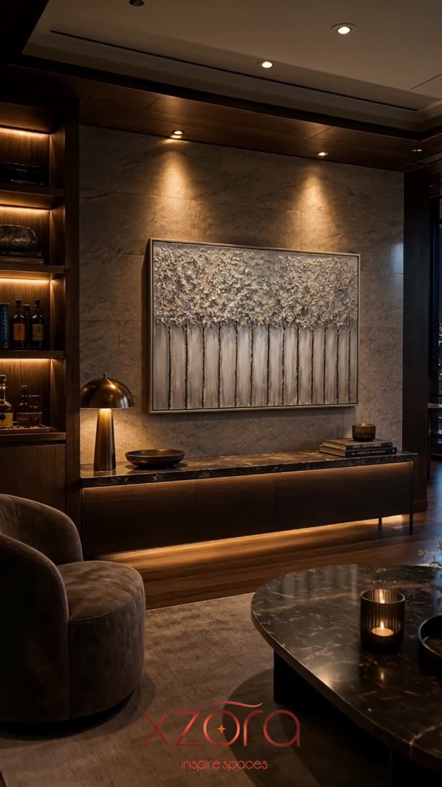 Pale vertical tree relief above a seated lounge area at night